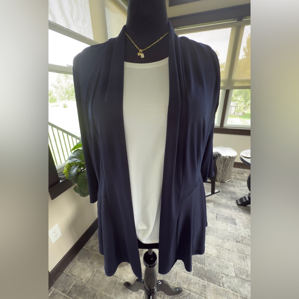 Roz & Ali Navy Blue Open Front Stretch Knit Cardigan